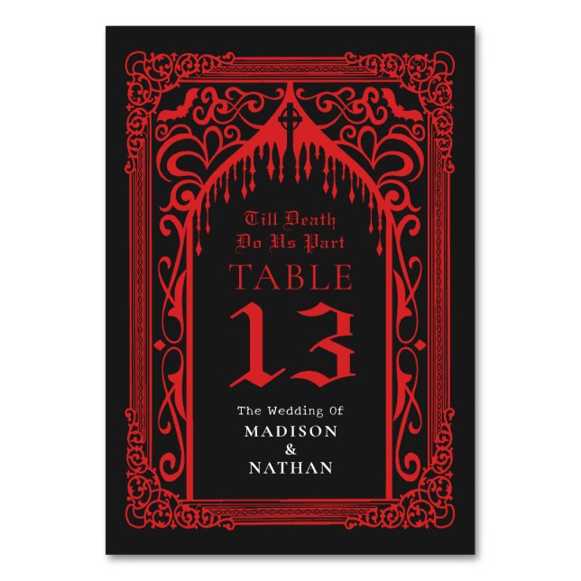 Red Gothic Vampire Cathedral Wedding Table Number (Back)