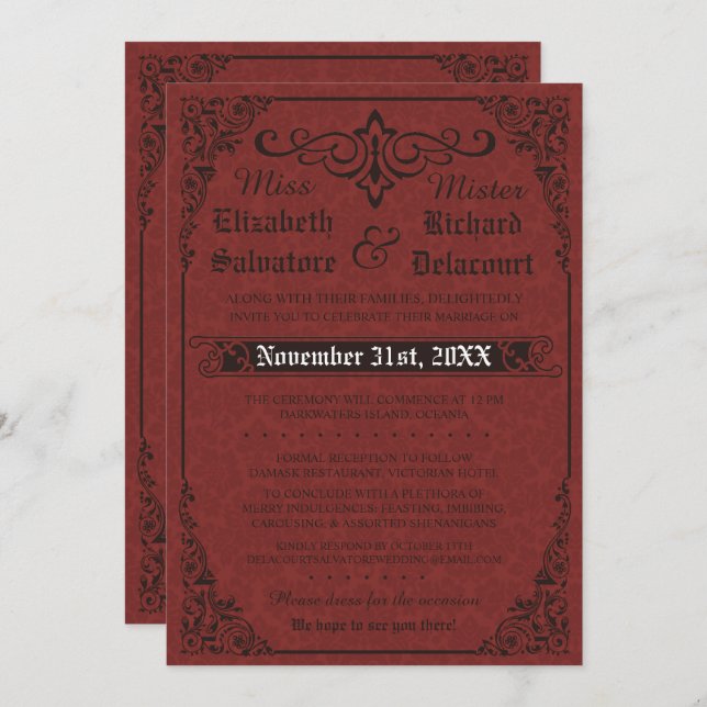 Red Gothic Victorian Damask Wedding Invitation (Front/Back)