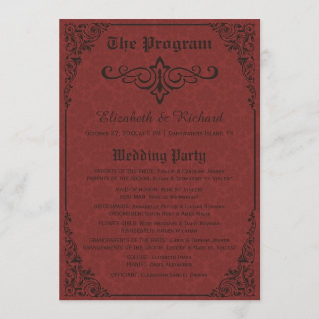Red Gothic Victorian Damask Wedding Programs (Front)