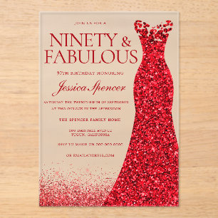 Red Gown 90th Birthday Party Acrylic Invitations