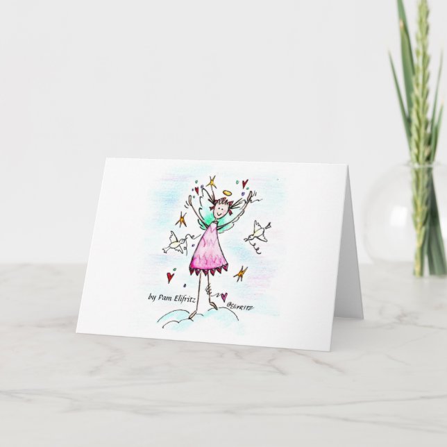 Red Gowned Angel bringing Hearts with Peace Doves Card (Front)