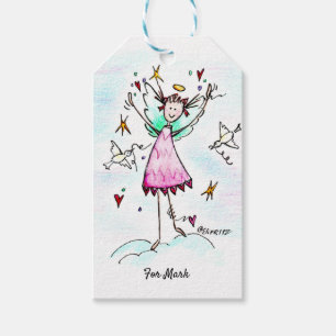 Red Gowned Angel bringing Hearts with Peace Doves Gift Tags