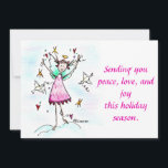 Red Gowned Angel bringing Hearts with Peace Doves  Holiday Card<br><div class="desc">A happy,  young angel with doves bringing peace to a trouble time. Still on her cloud she sends the doves on their way  to you with stars and hearts to guide them. 
    Receive the gift and pass it on.
Thank You,  Pam Elifritz</div>