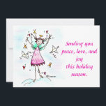 Red Gowned Angel bringing Hearts with Peace Doves  Holiday Card<br><div class="desc">A happy,  young angel with doves bringing peace to a trouble time. Still on her cloud she sends the doves on their way  to you with stars and hearts to guide them. 
    Receive the gift and pass it on.
Thank You,  Pam Elifritz</div>