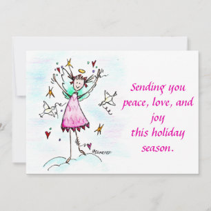 Red Gowned Angel bringing Hearts with Peace Doves  Holiday Card