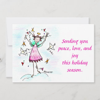 Red Gowned Angel bringing Hearts with Peace Doves Holiday Card