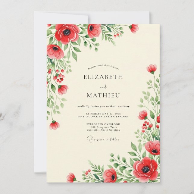 Red Graceful Wildflower Wedding Invitation (Front)