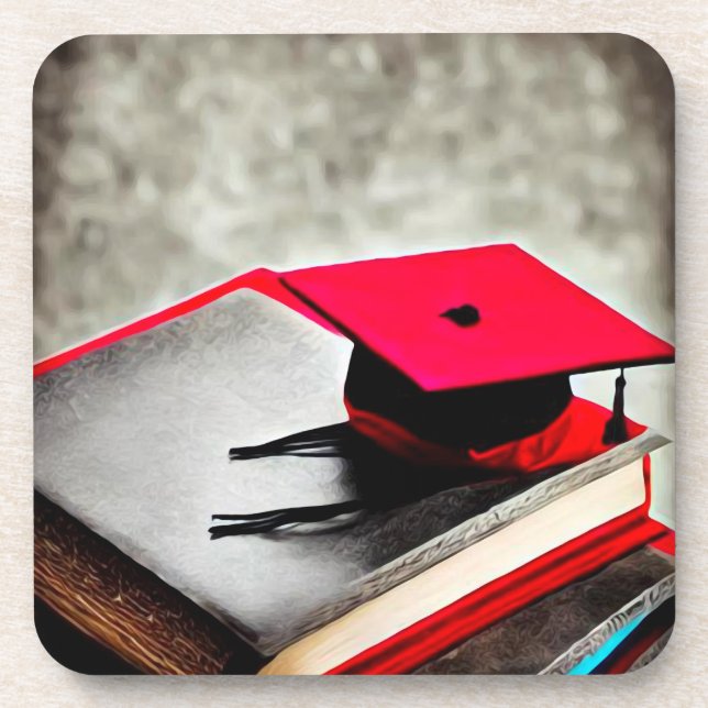 Red Grad Cap & Books Coaster (Front)