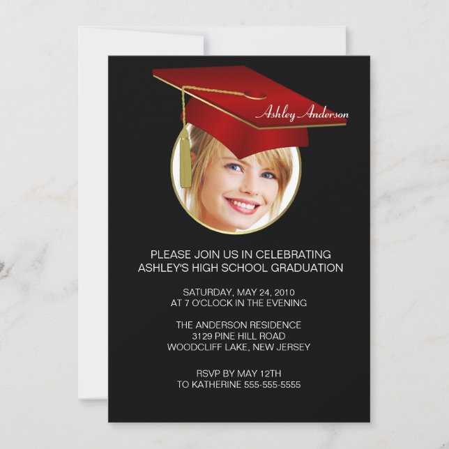 Red Grad Cap Photo Graduation Invitation (Front)