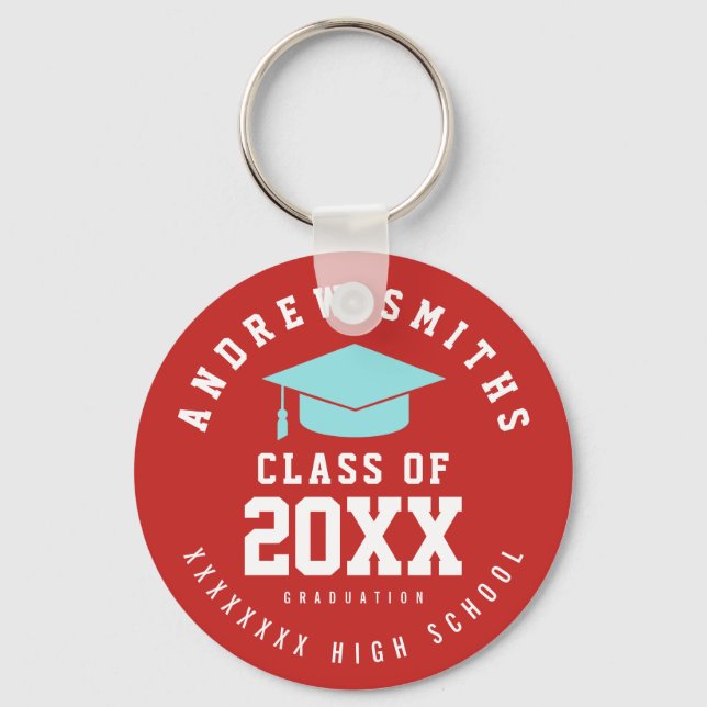 red grad keychain with name and class year (Front)