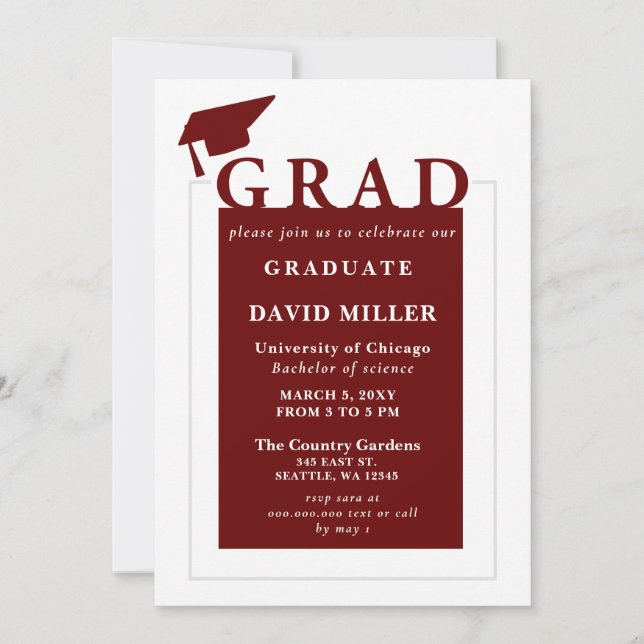 Red Grad Modern Minimalist Graduation  Invitation (Front)