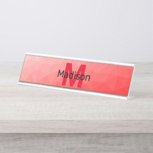 Red gradient geometric mesh pattern Monogram Desk Name Plate