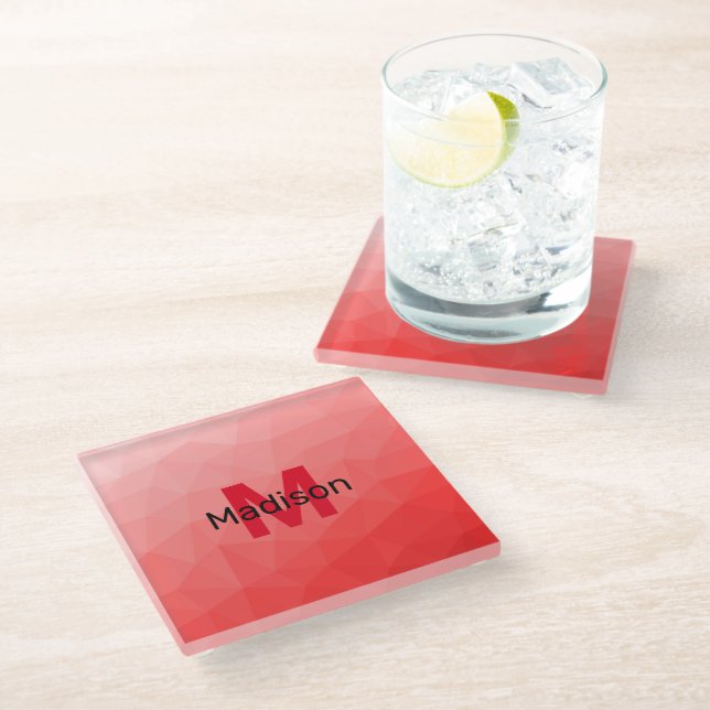 Red gradient geometric mesh pattern Monogram Glass Coaster (Angled)