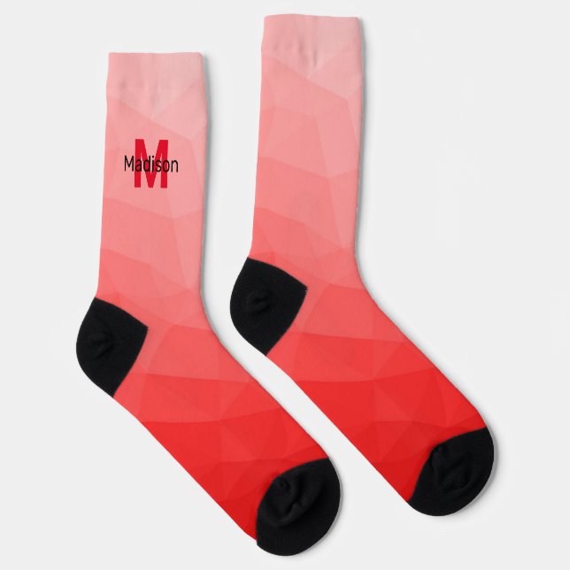 Red gradient geometric mesh pattern Monogram Socks (Right)