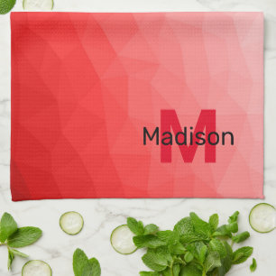 Red gradient geometric mesh pattern Monogram Tea Towel