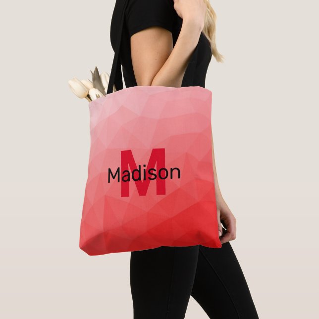 Red gradient geometric mesh pattern Monogram Tote Bag (Close Up)