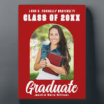 Red Graduate Modern Arch Graduation Party Photo Plaque<br><div class="desc">This modern red and white custom senior graduate photo plaque features your high school or college name for the class of 2024. Customize with your name under the chic,  bold handwritten script and trendy arch for great personalized graduation party decor.</div>