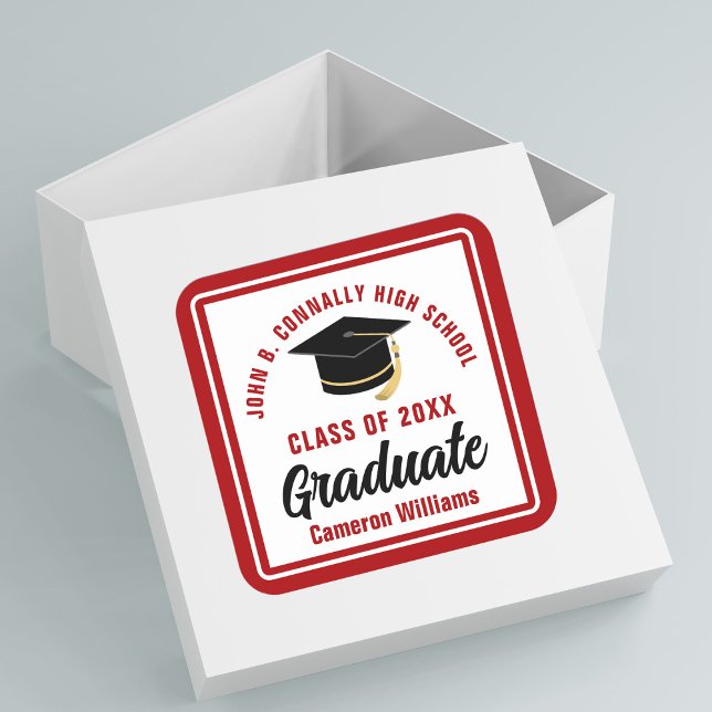 Red Graduate Personalised Graduation Party Square Sticker (Creator Uploaded)