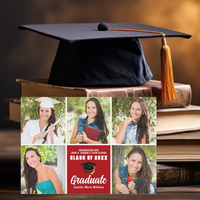 Red Graduate Photo Collage Custom Graduation Announcement (Creator Uploaded)