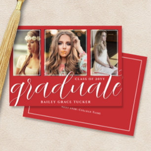 Red Graduate Script 3-Photo Graduation Announcement
