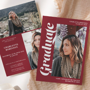 Red graduate script 3 photo graduation invitation