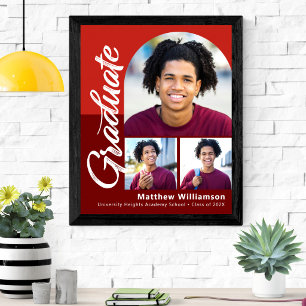 Red Graduation 3 Photo Bold Arch Script Minimalist Poster