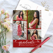 Red Graduation 4 Photo Modern Girly Script Hearts