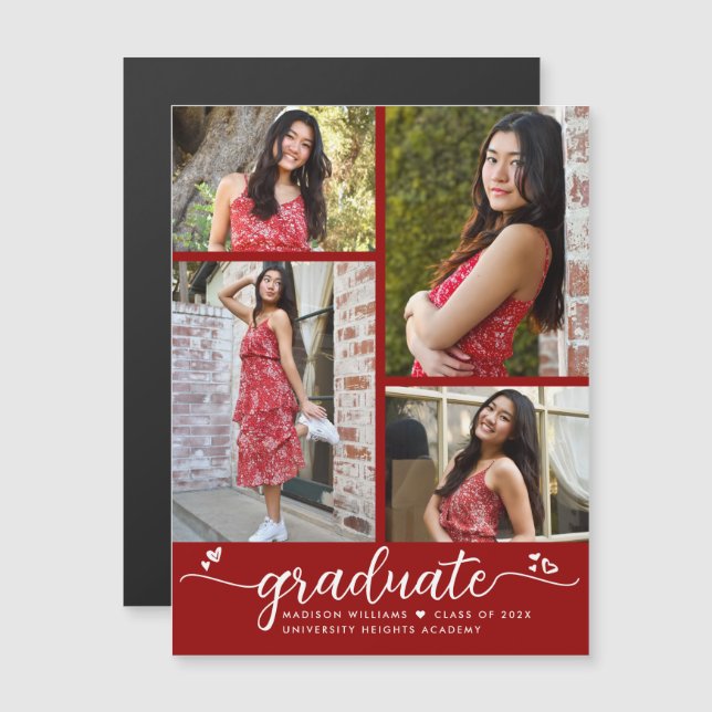 Red Graduation 4 Photo Script Hearts Modern Girly Magnetic Invitation (Front/Back)