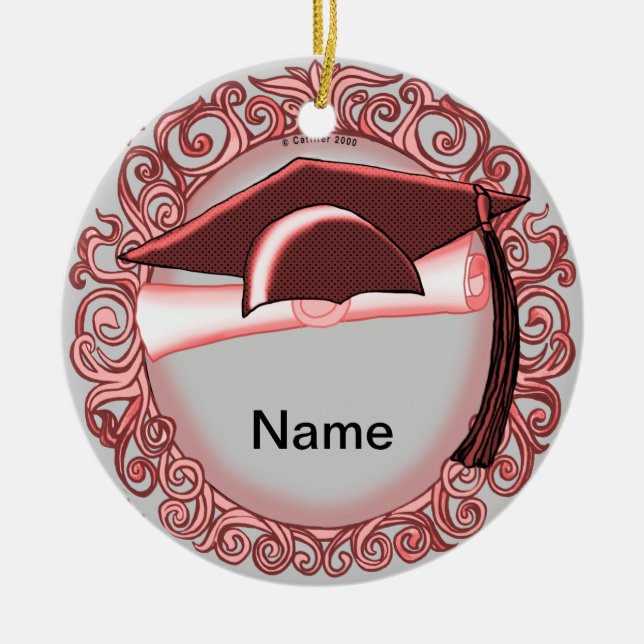 Red Graduation Cap ceramic round ornament (Front)