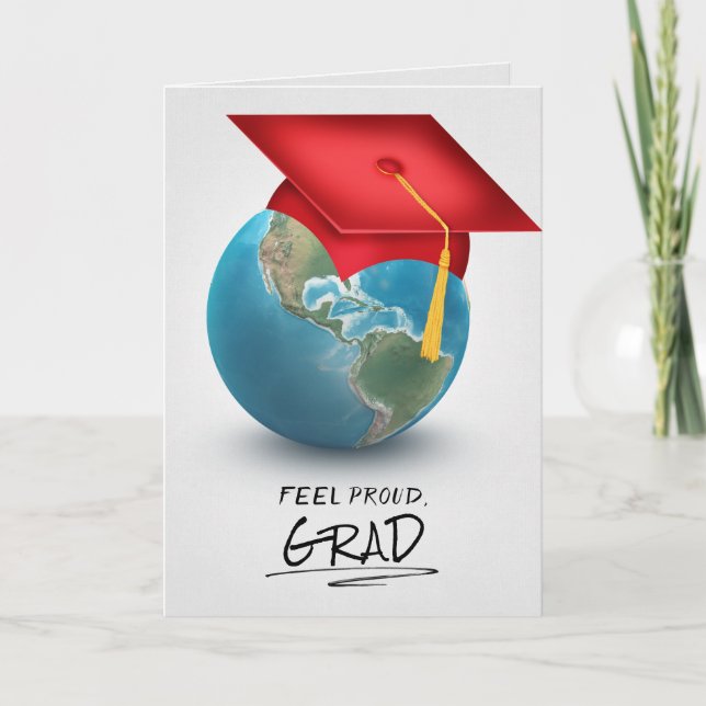 red graduation cap on globe card (Front)