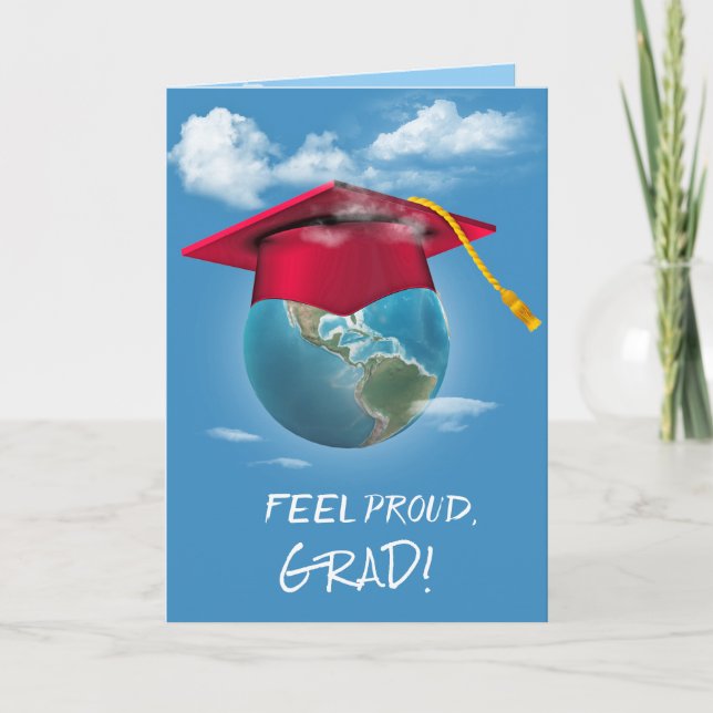 Red Graduation Cap on Planet Earth Card (Front)