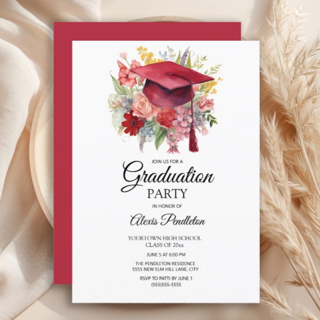 Red Graduation Cap Pink Floral Graduation Invitation (Red graduation cap party invitation)