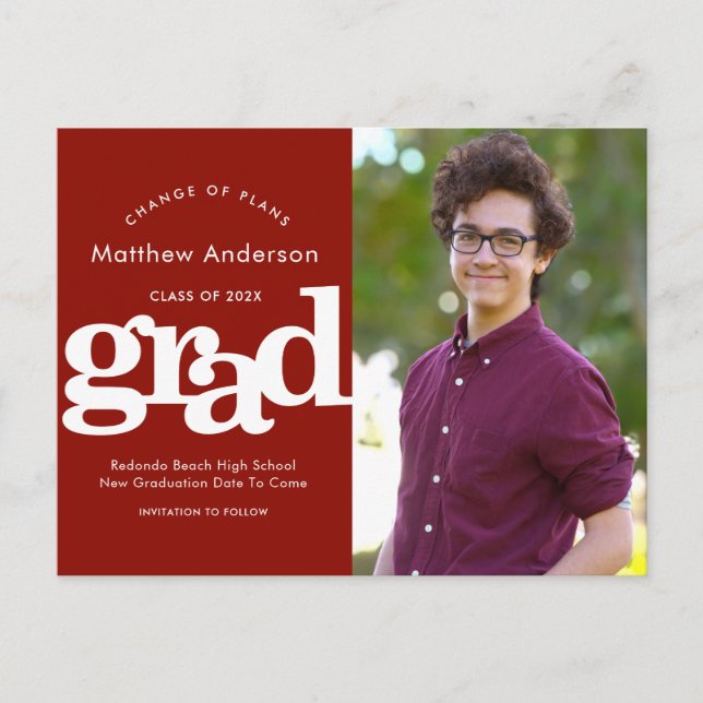 Red graduation change plans photo bold typography invitation postcard (Front)