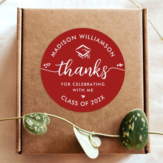 Red Graduation Modern Thank You Script Hearts Cap Classic Round Sticker (Creator Uploaded)