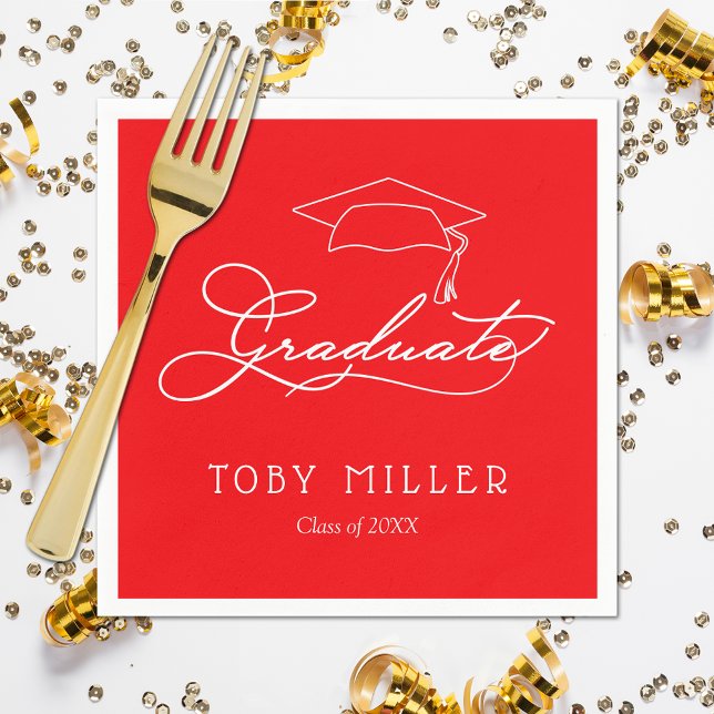 Red Graduation Party Napkin (White script grad cap on red personalized graduation party napkins, paper plates in our store)