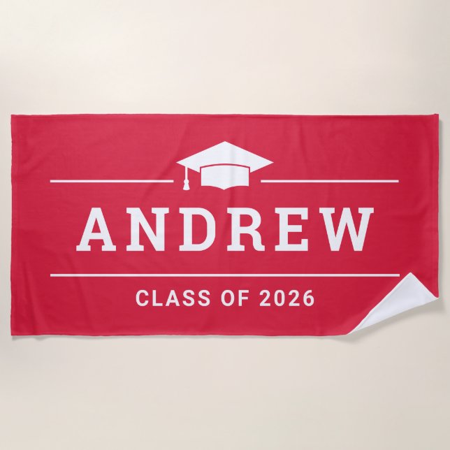 Red Graduation Party Personalised Name Beach Towel (Front)