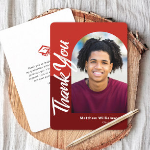 Red Graduation Photo Bold Arch Script Type Retro Thank You Card