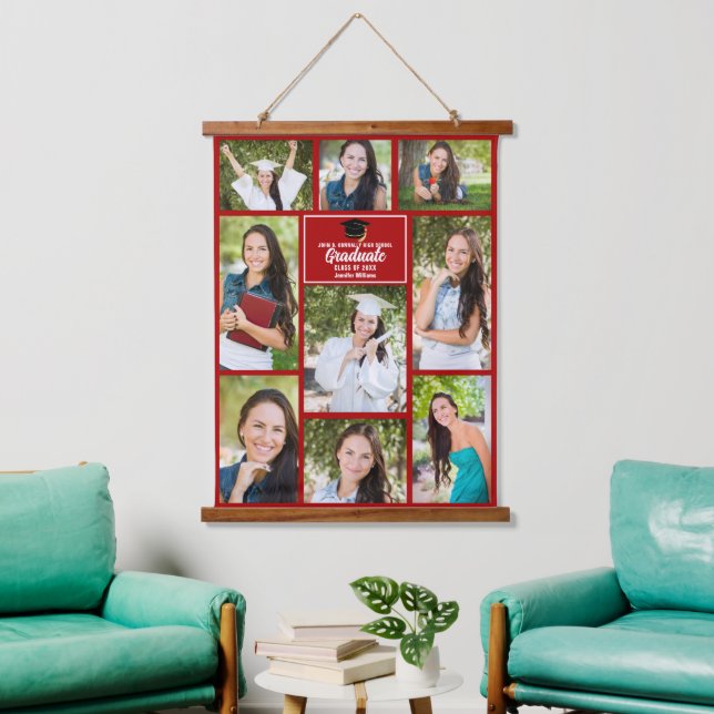 Red Graduation Photo Collage Custom Keepsake Hanging Tapestry (Living Room)