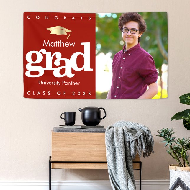 Red graduation photo gold cap bold modern simple banner (Creator Uploaded)