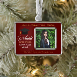 Red Graduation Photo Inspirational Quote Custom Silver Plated Framed Ornament