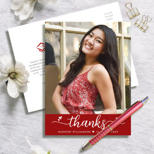 Red Graduation Photo Script Hearts Bold Thank You Postcard