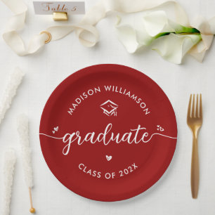 Red Graduation Script Hearts Cap Icon Modern Bold Paper Plate