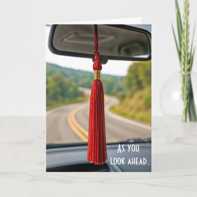 Red Graduation Tassel On Rear View Car Mirror Card (Front)