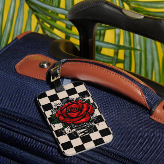 Red Graffiti Rose Beige Black Chequered Grunge Luggage Tag
