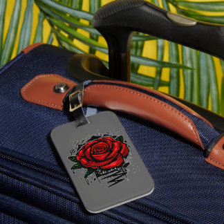 Red Graffiti Rose Charcoal Grey Grunge Art Luggage Tag