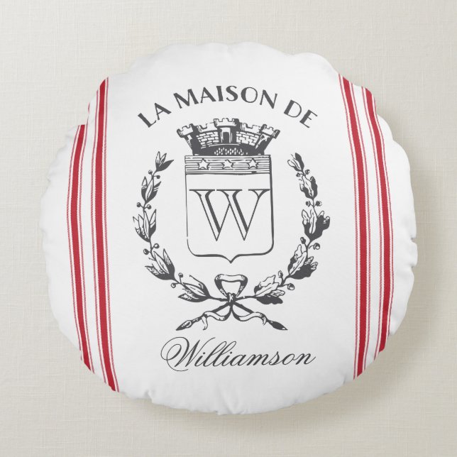 Red Grain Sack Custom Family Crest Round Pillow (Front)
