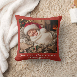 Red Grandparents First Christmas Baby Photo Cushion