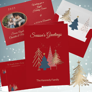Red Graphic Christmas Trees Gold Foil Christmas Foil Greeting Card
