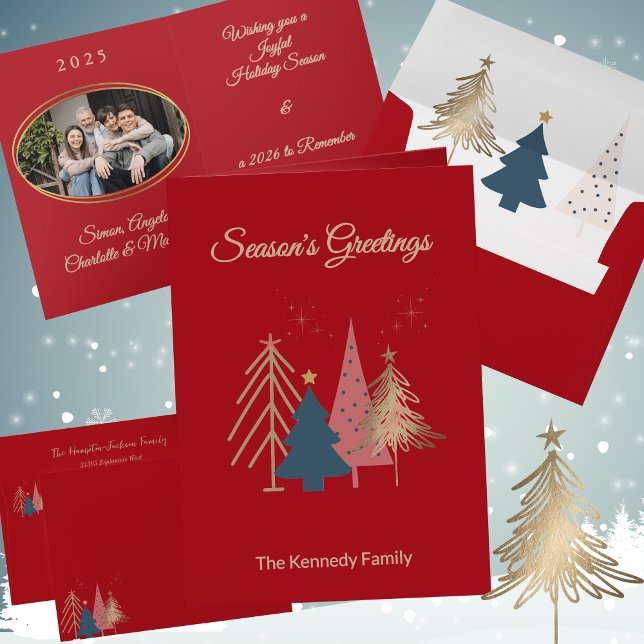 Red Graphic Christmas Trees Gold Foil Christmas Foil Greeting Card (Creator Uploaded)