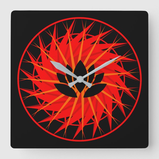 Red Graphic Lotus Square Wall Clock (Front)